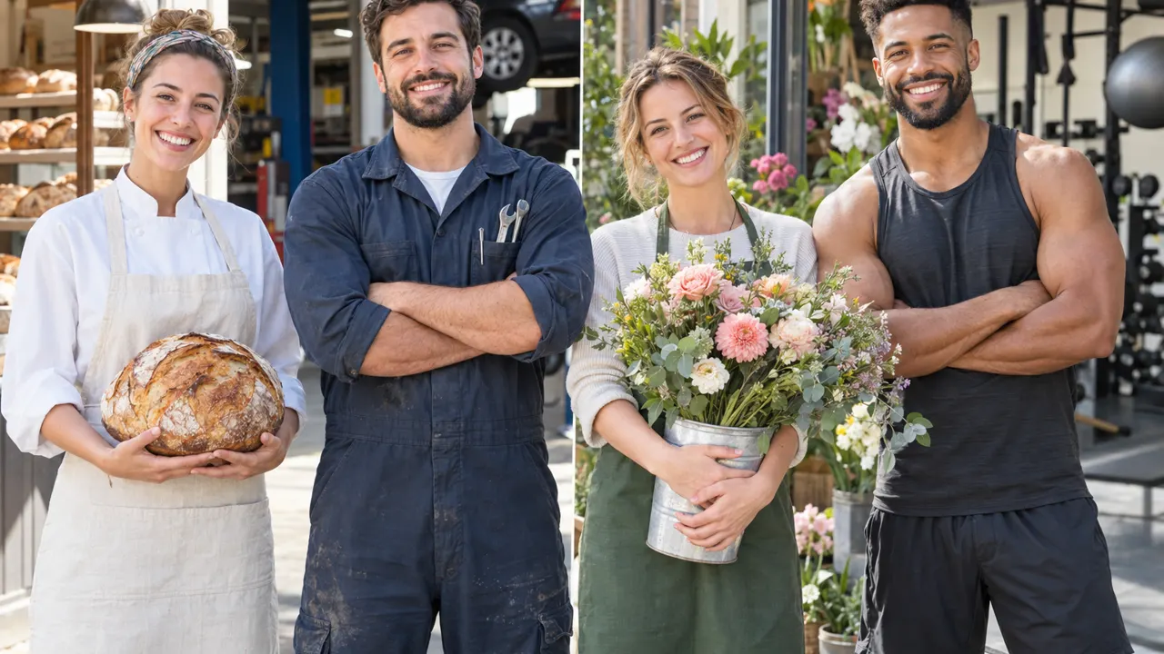 Cuatro personas sonrientes, dueñas de pequeños negocios y de unos treinta años: una panadera, un mecánico, una florista y un entrenador de fitness, juntos a plena luz del día