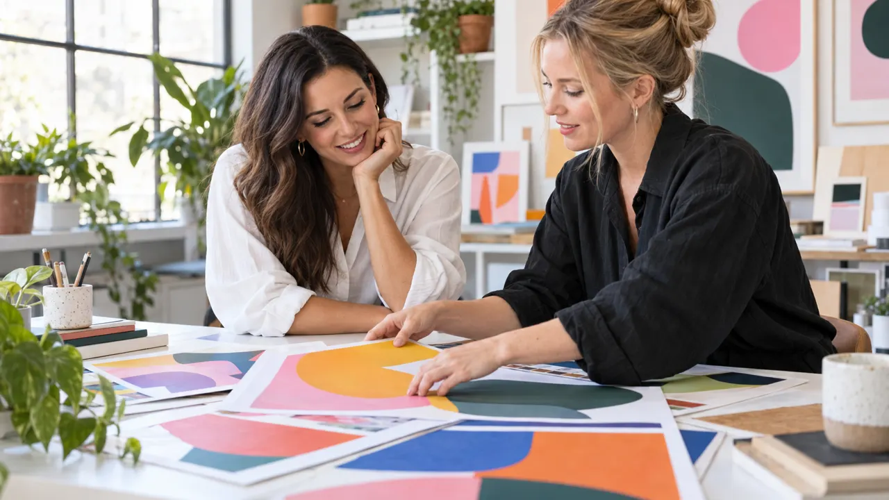 Un fundador y un diseñador gráfico revisan tableros impresos de colores con formas abstractas en una mesa luminosa de estudio