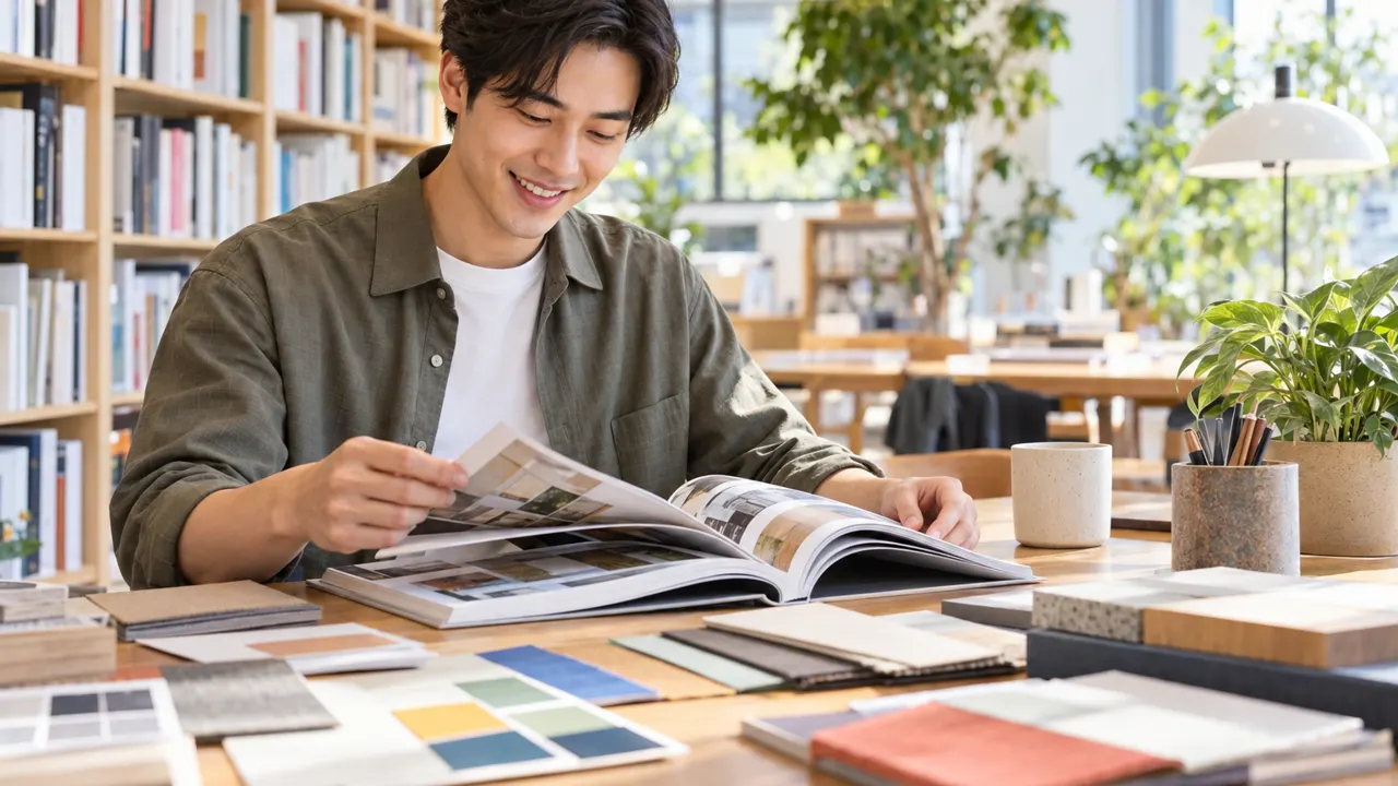 Un hombre sonriente leyendo un libro de diseño en una mesa luminosa de biblioteca, llena de muestras de colores y de papel