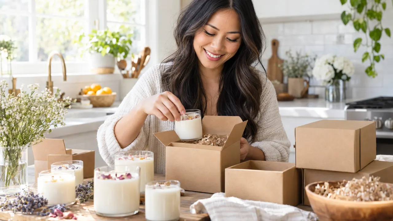 A woman packing her handmade candles into plain gift boxes at a bright kitchen table, proud smile