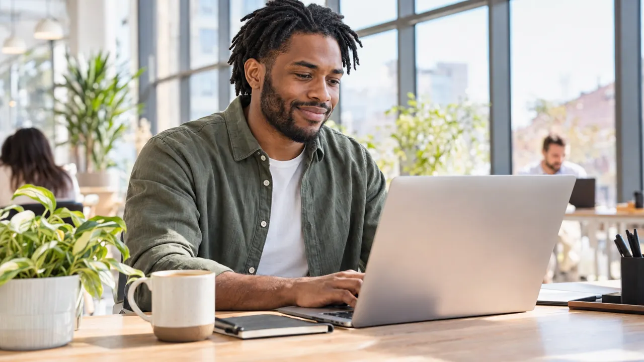 Un hombre trabajando en una laptop en un escritorio luminoso y moderno de un espacio de coworking, con un café y una pequeña planta a su lado