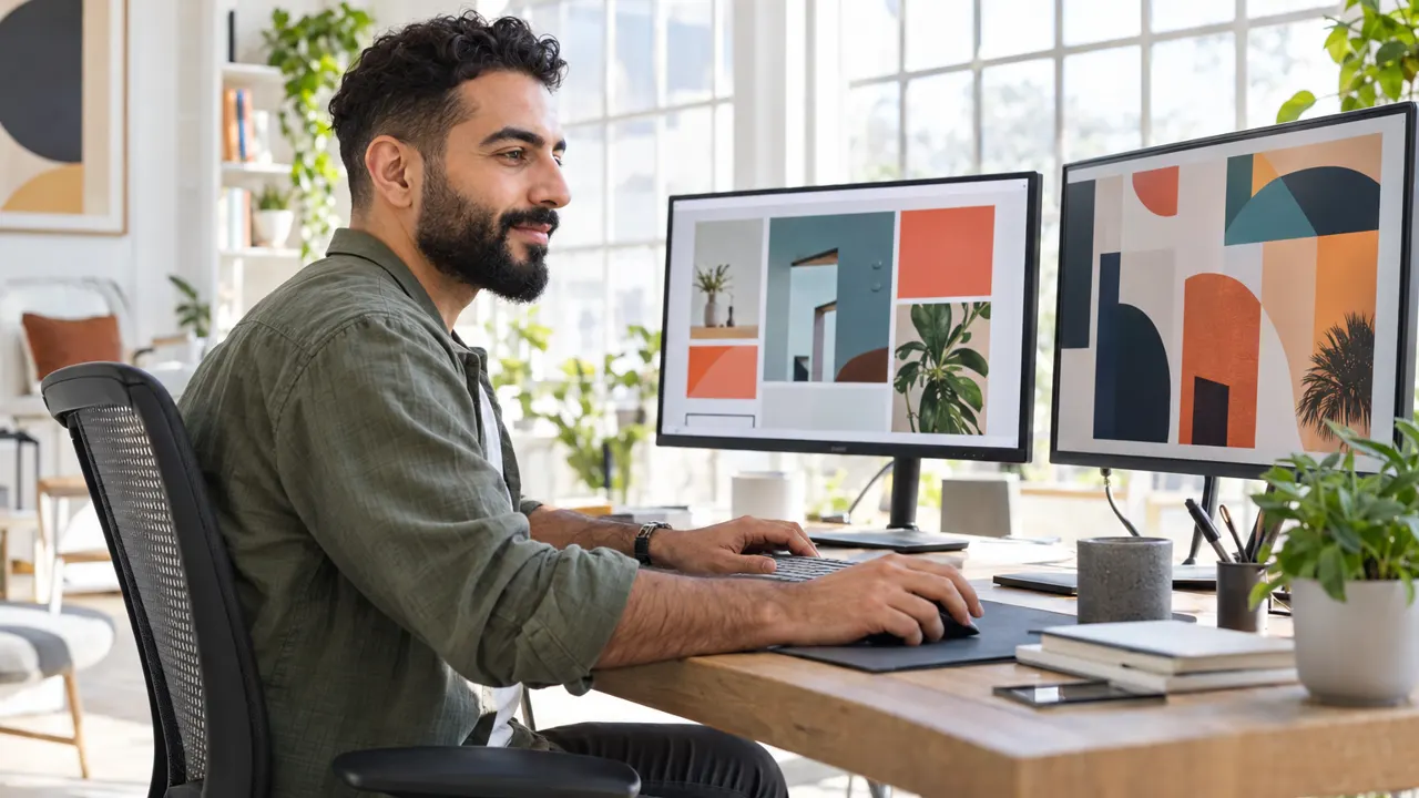 Una persona diseñadora web trabajando frente a dos monitores con diseños abstractos y coloridos en un estudio luminoso y amplio