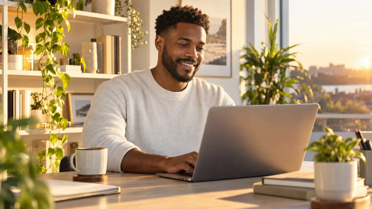 Un hombre trabajando en su laptop en un escritorio luminoso en casa, con cálida luz dorada del atardecer, plantas en el estante y una sonrisa relajada