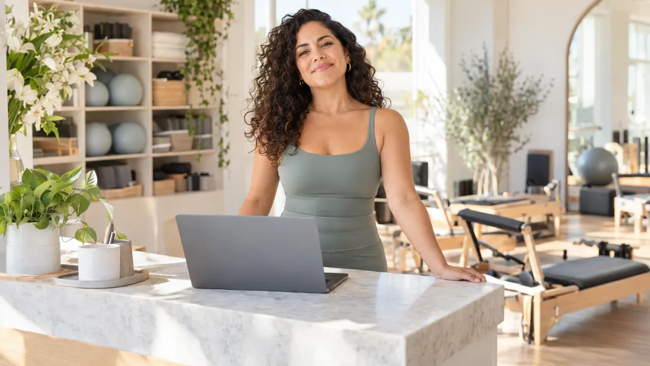 Una mujer segura de sí misma, dueña de un luminoso estudio de pilates, de pie en la recepción con una laptop, con el sol de la mañana