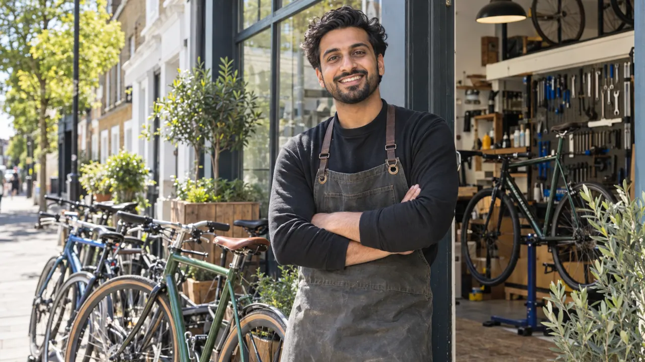 Un hombre sonriente frente a su luminoso taller independiente de reparación de bicicletas, en una calle lateral soleada de Londres, con bicicletas afuera
