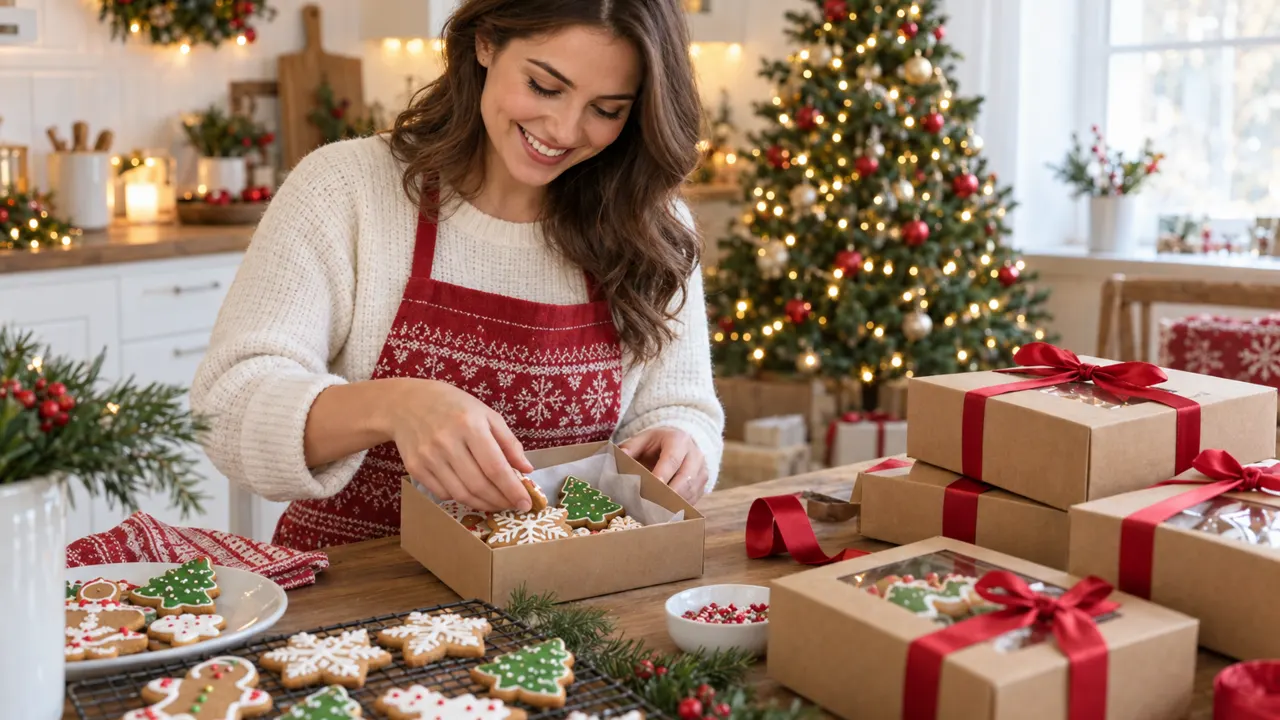A woman packs homemade Christmas cookie gift boxes at a bright kitchen table