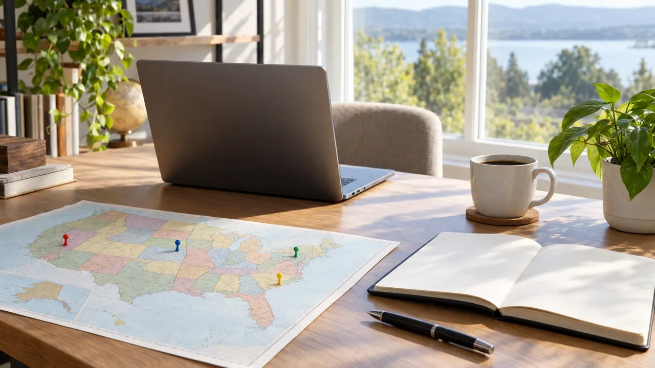 A sunny desk with a laptop, a United States map with pins and a notebook