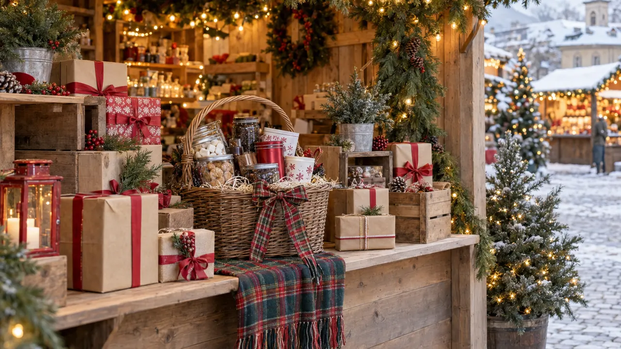 A bright holiday market booth with wrapped gifts, a ribbon-tied gift basket and pine garland