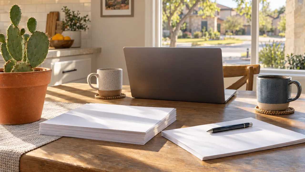 Una mesa de cocina luminosa con formularios en blanco, una laptop y café, con sol de Texas por la ventana