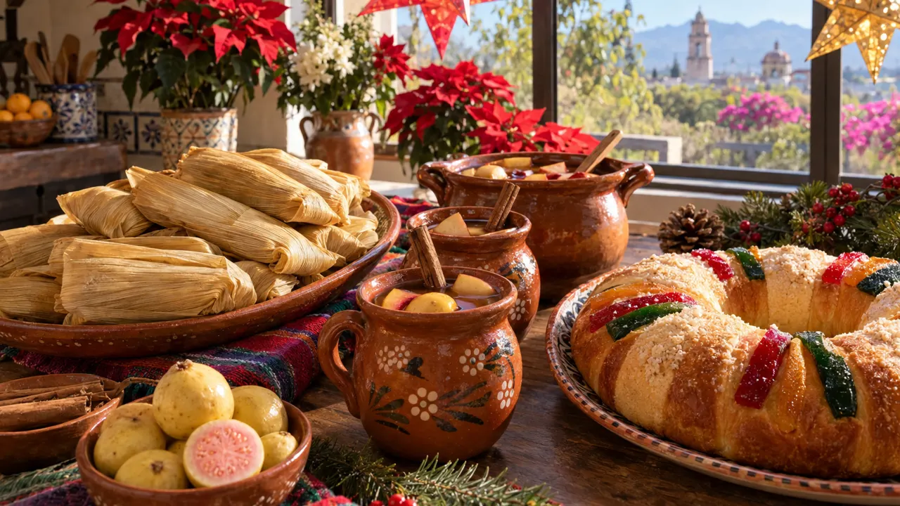 Una mesa navideña con tamales, rosca de reyes, ponche con canela y nochebuenas