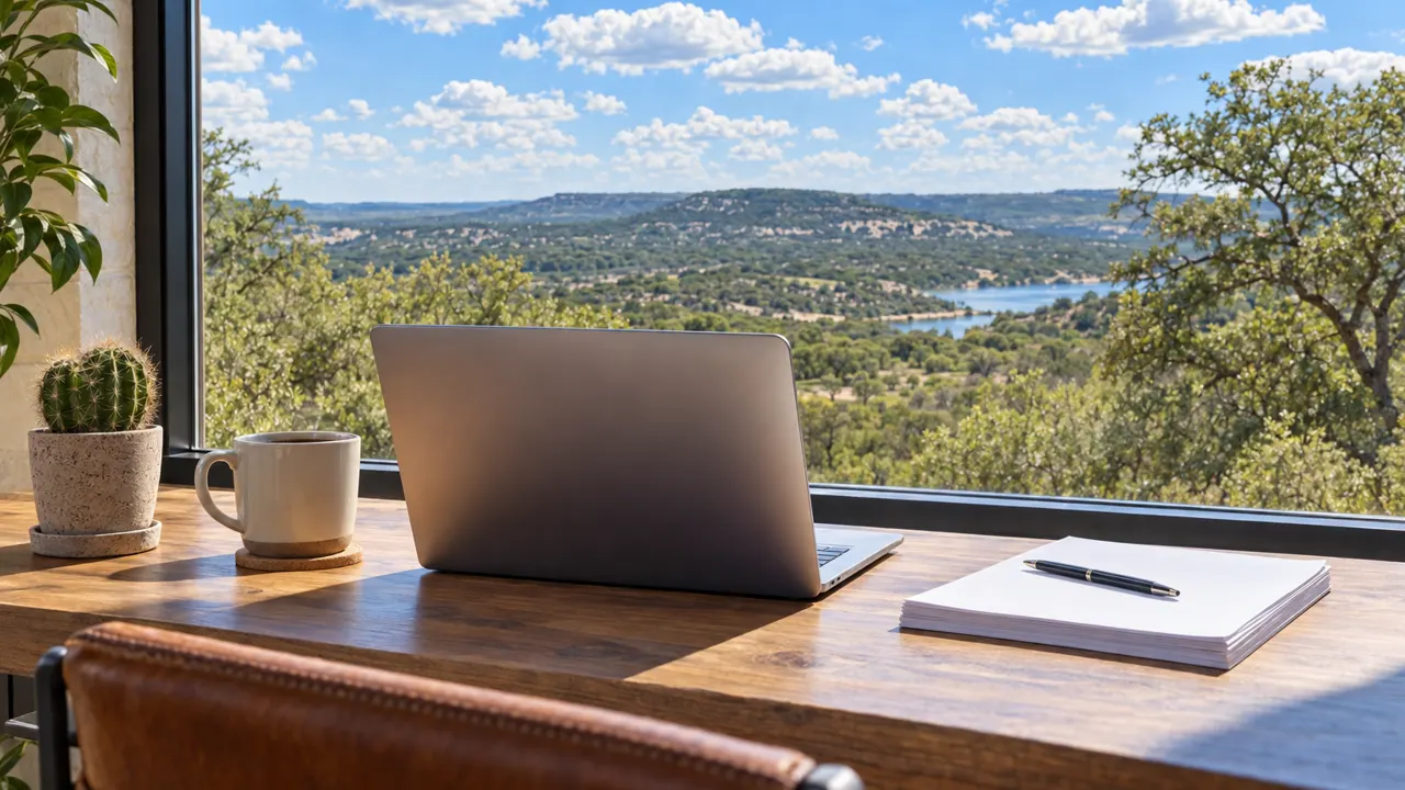 A bright desk with a laptop and blank paperwork by a window overlooking the Texas Hill Country