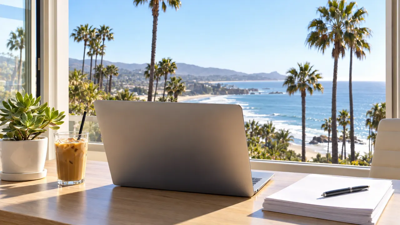 A bright desk with a laptop and blank paperwork by a window looking out on California palm trees and the coast