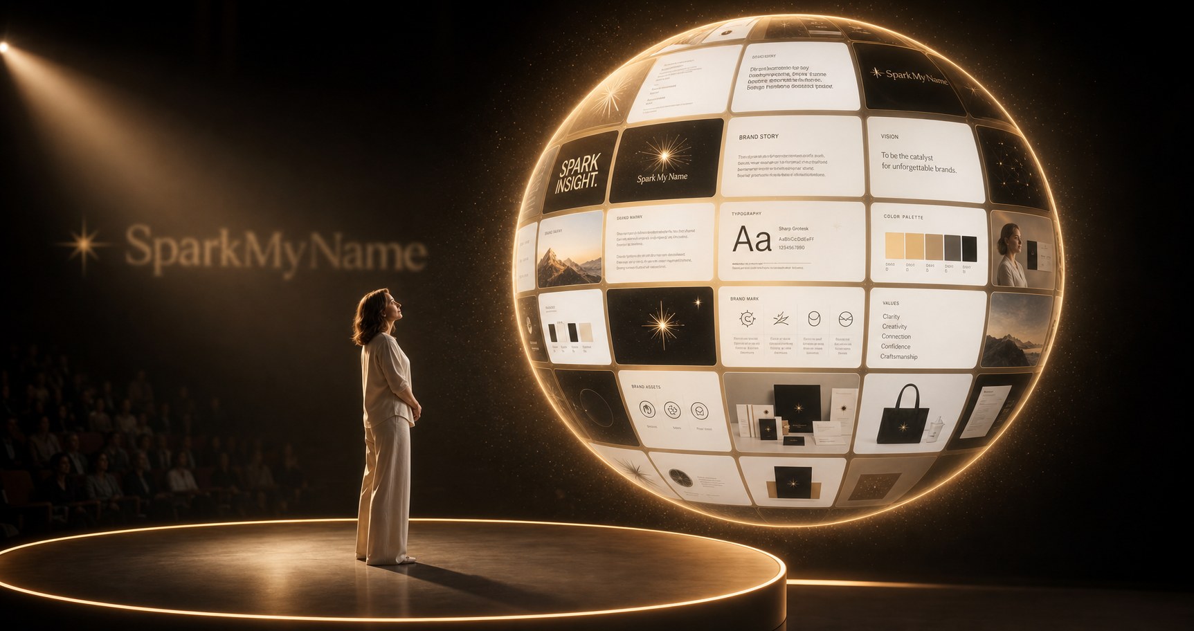 The SparkMyName™ Brand Intelligence System — a glowing sphere of brand boards revealed on a stage