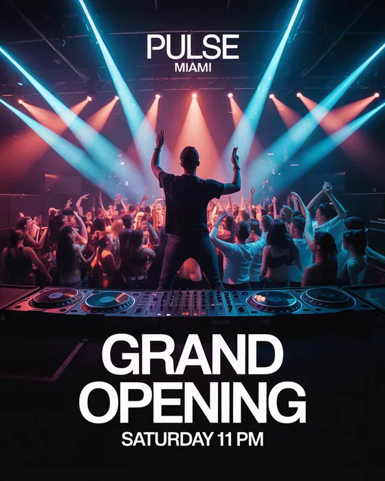 Example nightclub event flyer for the sample brand Pulse Miami: Grand Opening, made by Spark