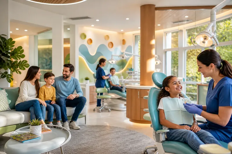 Cornerstone Family Dental — a family relaxing in a bright, friendly dental office while a hygienist greets a young patient
