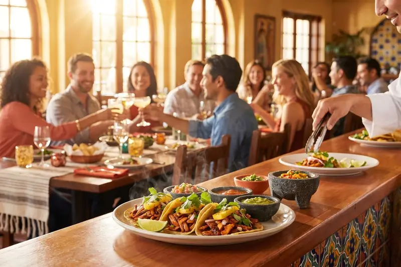 Molcajete Kitchen — friends toasting at a long table while the chef serves tacos and salsas from a stone molcajete