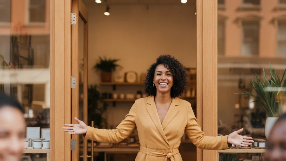 A shop owner at the open door of her new shop, welcoming customers in