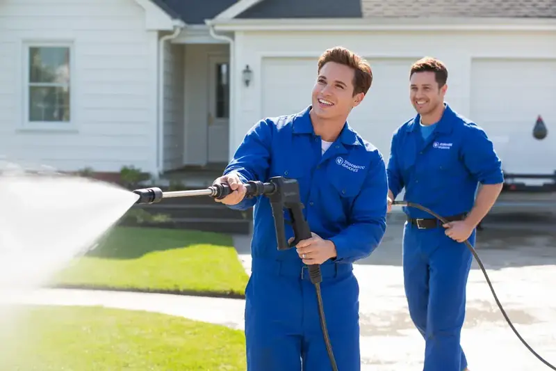 JetForce Clean — two smiling pros in blue pressure-washing a bright driveway