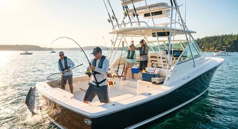 Sunrise Tides Charters — anglers on a sport-fishing boat at first light, rods bent as the catch comes in
