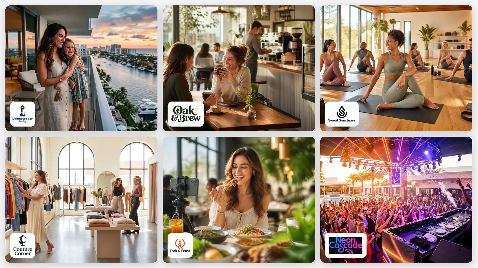 Seis fotos reales de marcas con personas: una agencia de empleo, una cafetería, un equipo de limpieza, una boutique, un consultorio dental y un club nocturno