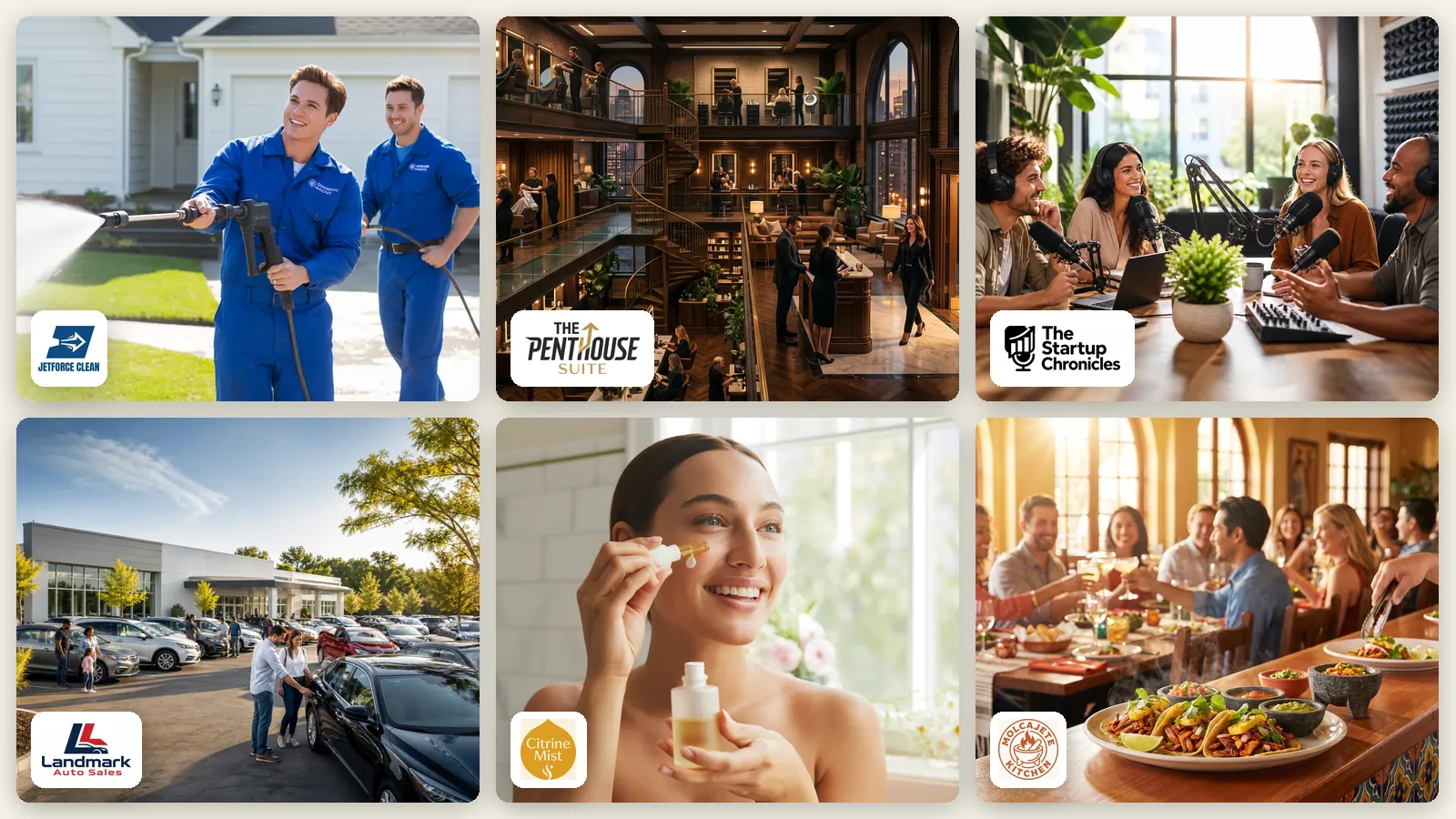 Seis marcas reales creadas por Spark, cada una con su foto y su logo: un equipo de lavado a presión, un salón de belleza, un podcast, un concesionario de autos, un negocio de cuidado de la piel y una taquería