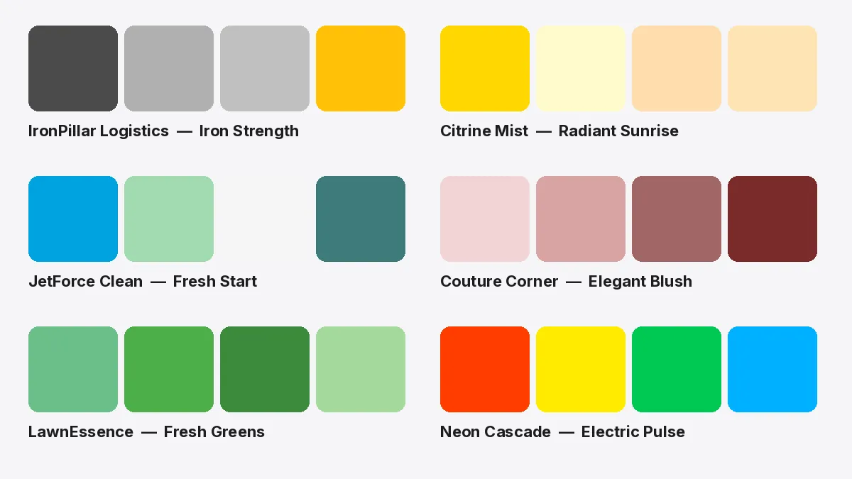 Seis sets reales de colores de marca entregados por Spark, cada uno con su nombre: Iron Strength, Radiant Sunrise, Fresh Start, Elegant Blush, Fresh Greens y Electric Pulse