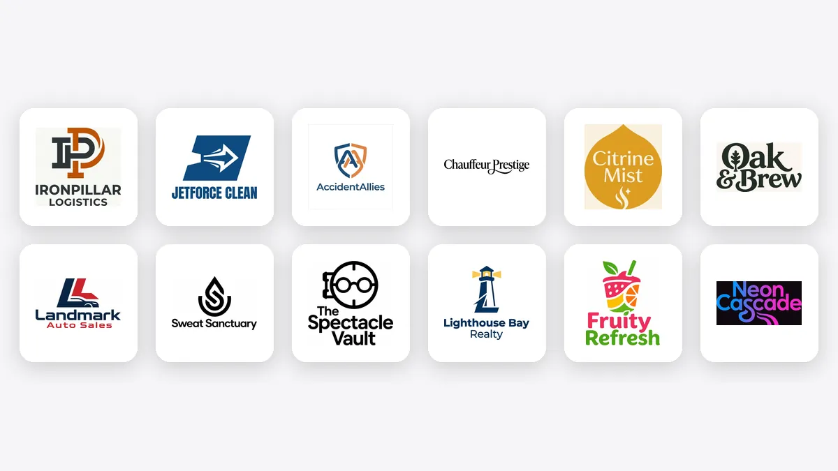 Doce logos reales entregados por Spark para transporte de carga, limpieza, servicios legales, chofer privado, cuidado de la piel, café, autos, fitness, lentes, bienes raíces, batidos y vida nocturna