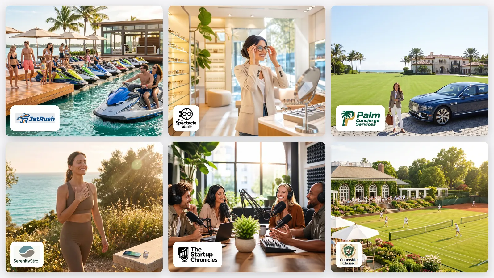 Seis fotos reales de marcas con personas: presentadores de pódcast, un agente inmobiliario, compradores de autos, una clase de fitness, un salón de belleza y un club de tenis