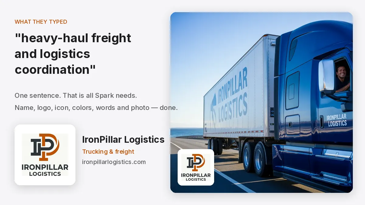 Una frase escrita —“transporte de carga pesada y coordinación logística”— junto a la marca IronPillar Logistics en la que se convirtió: logo, foto y nombre del sitio web