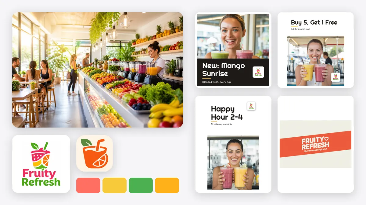 Una marca completa, Fruity Refresh: la foto, el logo, el ícono de la app, los colores y cuatro piezas del Departamento de Arte
