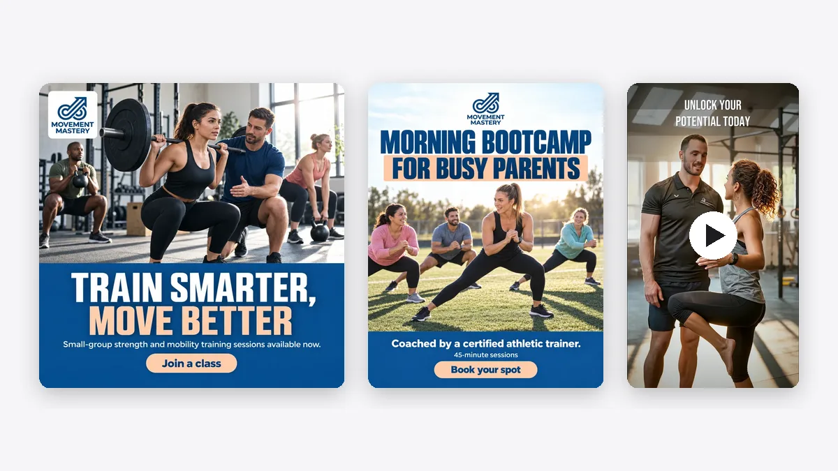 Piezas de lanzamiento que Spark creó para Movement Mastery: una publicación para redes sociales, un volante y un video de 15 segundos